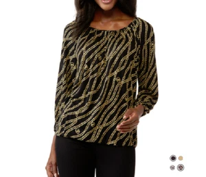 MICHAEL KORS Women`s Peasant top Allover MK Logo Chain Size L XL Black White - Picture 1 of 9