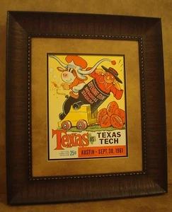 PÓSTER DE FÚTBOL AMERICANO VINTAGE TEXAS LONGHORNS ENMARCADO "U.OF TEXAS VS TEXAS TECH" 1961 - Imagen 1 de 6