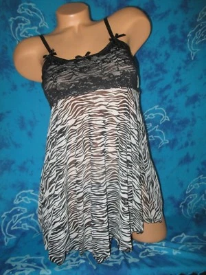 Rene Rofe Animal Zebra Stripe Print White Black Lace Soft Stretchy Babydoll S - Image 1 of 4