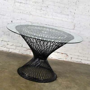 MCM Spun Fiberglass Round Dining Table with Glass Top - Picture 1 of 12