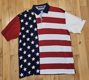 Vintage '02 TOMMY HILFIGER Stars & Stripes USA Flag Collared Polo Shirt Men's XL - Picture 1 of 13