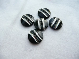 5 boutons anciens en verre de couleur noire rayé argenté - Imagen 1 de 3