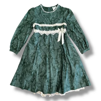 Rare Editions Girls 12 Green Jacquard Lace Dress Holiday Christmas Vintage Style - Image 1 of 4