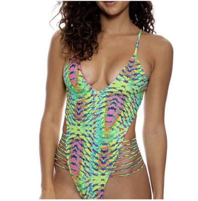 Luli Fama Oasis Babe REVERSIBLE Strappy Bright Colored One Piece SZ L $185 - Image 1 of 4