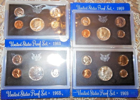 Lot of 4 United States Proof Sets 1968 & 1969 in Original Boxes: 2 of Each Cover