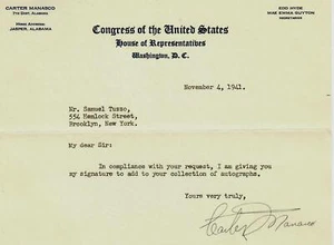 RARE! “Alabama Congressman" Carter Manasco Hand Signed TLS Dated 1941 - Picture 1 of 1