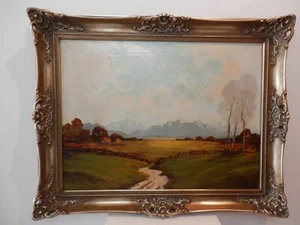 Ölgemälde Voralpenlandschaft im üppigen Barockrahmen - Bild 1 von 3