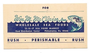 c. 1960s Philadelphia PA Fish Market Seafood Label William M McClain Inc Vintage - Picture 1 of 2