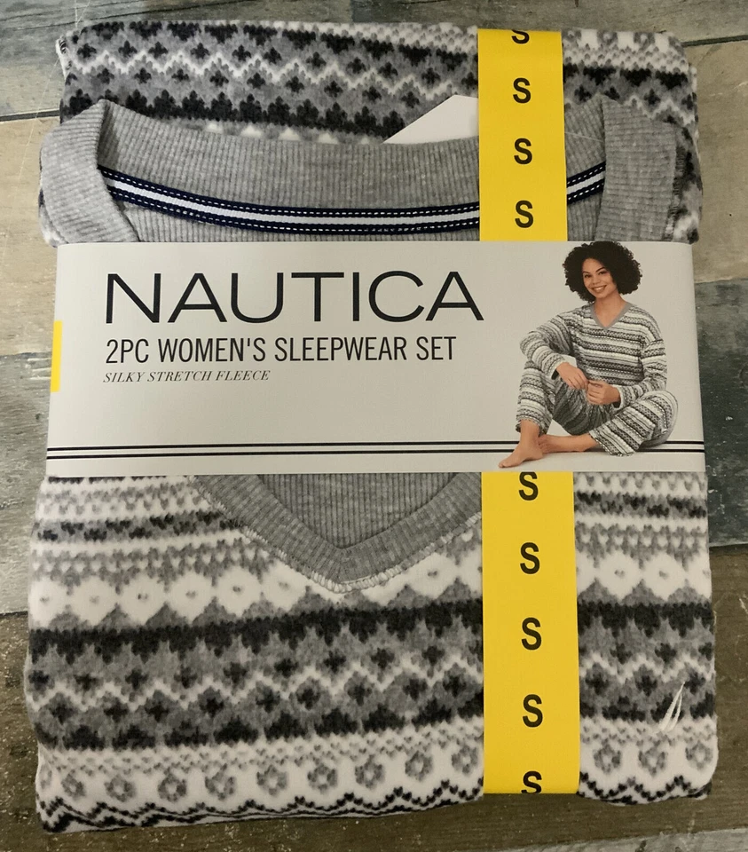 NAUTICA Soft Stretch Micro Fleece 2 Pc V Neck Pajama Set Gray Fair Isle Sz S