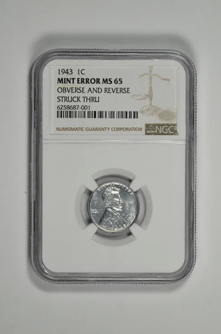 1943 1c Lincoln Steel Wheat Cent NGC MS 65 Mint Error Obv / Rev Struck Thru Cover