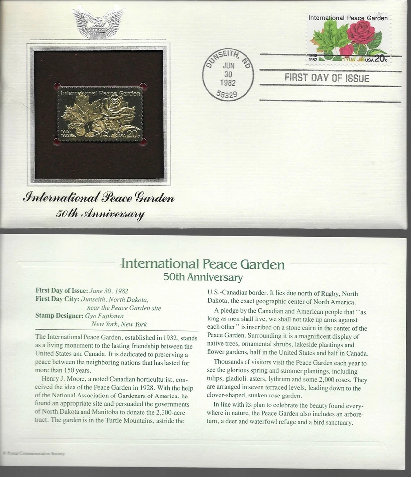 International Peace Garden-50th Anniversary-1st day issue-Golden Replica - Image 1 of 1
