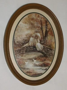 OVAL 15 IN FRAME GLASS FRAMED ART IDYLLIC PASTORAL WOODLAND BRIDGE SETTING USED - Picture 1 of 6
