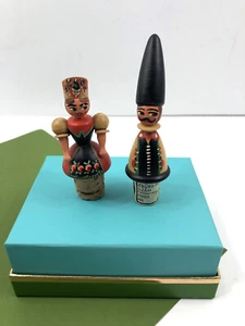 2 Vintage Hungarian Figure Bottle Stopper Cork Man Women Hand Painted Folk Art - Picture 1 of 10