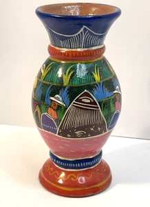 Hand Crafted Mexican Red Clay Ewer Vase Painted Pottery Folk Art Vintage - Picture 1 of 6
