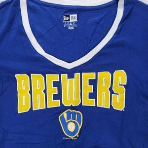 Milwaukee Brewers Women's Large New Era V-Neck Blue Tshirt Gold Stripe Sleeves - Picture 1 of 8