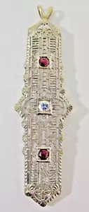 ANTIQUE 14K WHITE GOLD FILIGREE NATURAL DIAMOND & RUBIES PENDANT 1920S - Picture 1 of 9