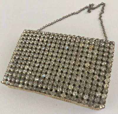 Small Vintage Rhinestone Purse with Chain Handle & Double Sided Mirror 4.25"Long - Image 1 of 4