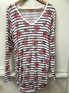 Motherhood Maternity Womens Striped Floral Long Sleeve V Neck Side Ruched Top L - Picture 1 of 3