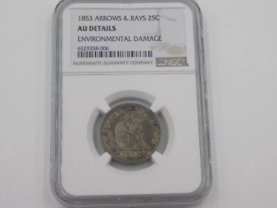 1853 25C  Arrows and Rays Seated Liberty Quarter NGC AU55 DETAILS ENVIRO (179) - Image 1 of 4