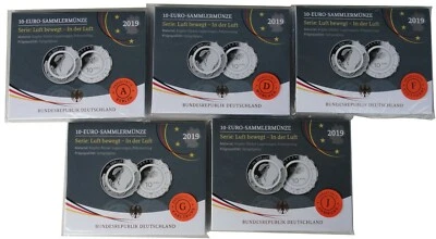 Germany 5 x 10 Euros in the Air 2019 Proof ADFGJ Paraglider complete set Folder - Image 1 of 3