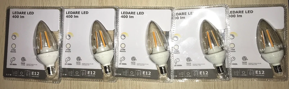 Set of 5 IKEA LEDARE LED Bulb E12 400 Lumen Warm Dimming Chandelier Clear 5.3W - Image 1 of 2