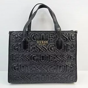 Guess Silvana 2 Tote Handbag Black Embossed Logo Faux Leather Gold Hardware - Picture 1 of 13