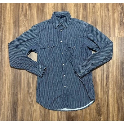 Ermenegildo Zegna Sport Men Long Sleeve Pearl Snap Navy Blue Striped Shirt Sz S - Image 1 of 4