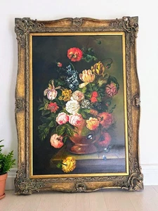 Splendido grande olio su tela con cornice in legno dorato ornato - bouquet floreale natura morta - Foto 1 di 11