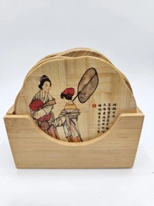 Vintage Natural Bamboo Wooden Ware Coasters With Holder Art Asian Women 3.75 in - Picture 1 of 5