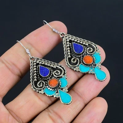 Orecchino vintage tibetano argento sterling 925 turchese corallo... - Immagine 1 di 4