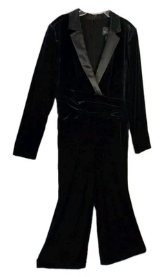 Adrianna Papell Black Velvet Tuxedo Jumpsuit Women's 14 Ruched Waist Wide Leg  - Image 1 of 4