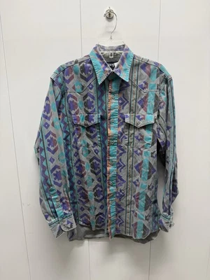 VTG 90s Wrangler Brushpopper Shirt 15-34 Faded Blue Aztec Rodeo Cowboy Western - Image 1 of 4
