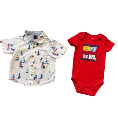 Nautica 婴儿帆船 Polo 衫和红色紧身衣 2 件套短袖男孩 6-9 个月  — 第 1/4 张图片