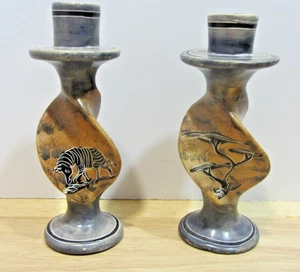 Pair Handmade Kenyan Kisii Soapstone Zebra and Elephant Candle Holders 7 " - Picture 1 of 8