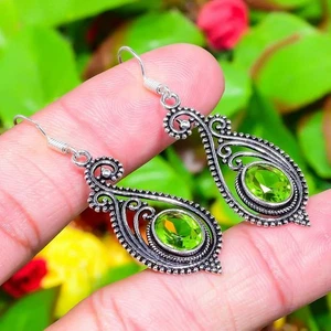 Natural Peridot Gemstone Handmade 925 Sterling Silver Earring 2.01" Gift a805 - Picture 1 of 7
