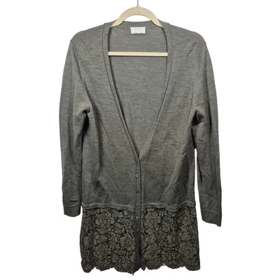 Cardigã feminino Wrap London suéter 10 verde lã merino malha acabamento floral renda - Imagem 1 de 4