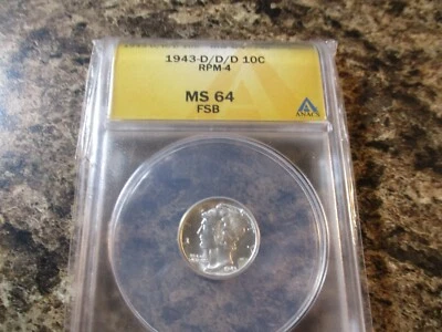1943-D MERCURY DIME RPM-004 D/D/D ANACS MS 64 FSB    6579 - Image 1 of 3