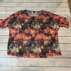 Emery Rose XXL Sheer Top Mesh Black Floral Short Ruffle Sleeve Blouse Shirt NEW - Picture 1 of 10