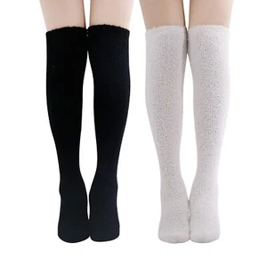 2 Pairs Soft Warm Fuzzy Knee High Long Cozy Microfiber Socks (Black/White 2 P... - Picture 1 of 9