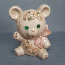 Vintage Ceramic Teddy Bear Planter 5.75" Light Brown Flowers Glass Eyes