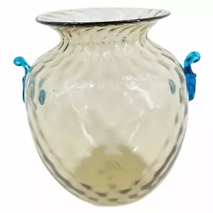 Antique Hand Blown Amber Glass Diamond Quilted Vase Applied Blue FACE Handles 6" - Picture 1 of 11