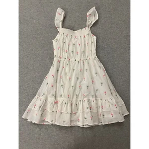 Janie And Jack Flamingo Palm Dress Sz 8 100% Cotton Lined Ruffle Hem White Pink - Picture 1 of 12