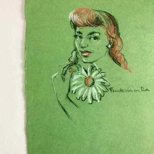Original Mid Century Mixed Media Pastel Portrait Woman w/ Flower on Green Paper - Picture 1 of 9