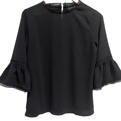 Blusa LIZ CLAIBORNE Negra Carrera Manga 3/4 Campana Crochet Encaje Mujer Talla S Foto 1 de 4
