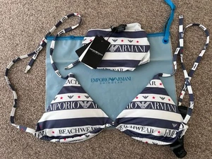NEW EMPORIO ARMANI Logo Star Stripe Padded Side Tie Bikini Set + Beach Bag UK 14 - Picture 1 of 18