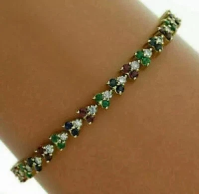 8Ct Round Cut Ruby Sapphire Emerald Diamond Bracelet 14K Yellow Gold Finish - Image 1 of 4