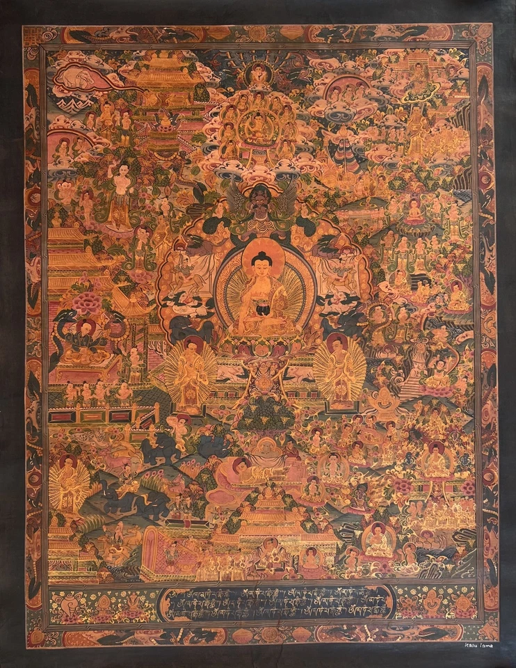 MANDALA VIDA DE BUDA/RUEDA DE LA VIDA ANTIGUA PINTURA THANGKA TIBETANA BARNIZADA AL ÓLEO Foto 1 de 4