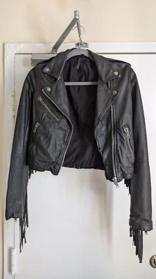 Topshop Boutique leather fringe cropped motorcycle jacket XS 0 - Image 1 of 4