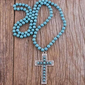 Collar Cruz Largo Turquesa Cuentas Tono Plata, Nuevo, Boho Western Festival NUEVO - Imagen 1 de 6