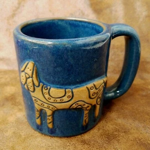 Art Pottery Blue Dog Mug Cup Heavy Signed by Artist 3D Rustic Cabin Handmade - Picture 1 of 7